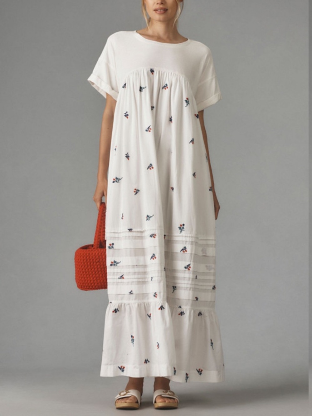Anthropologie Pilcro Short-Sleeve T-Shirt Maxi Dress Embroidered Florals Small